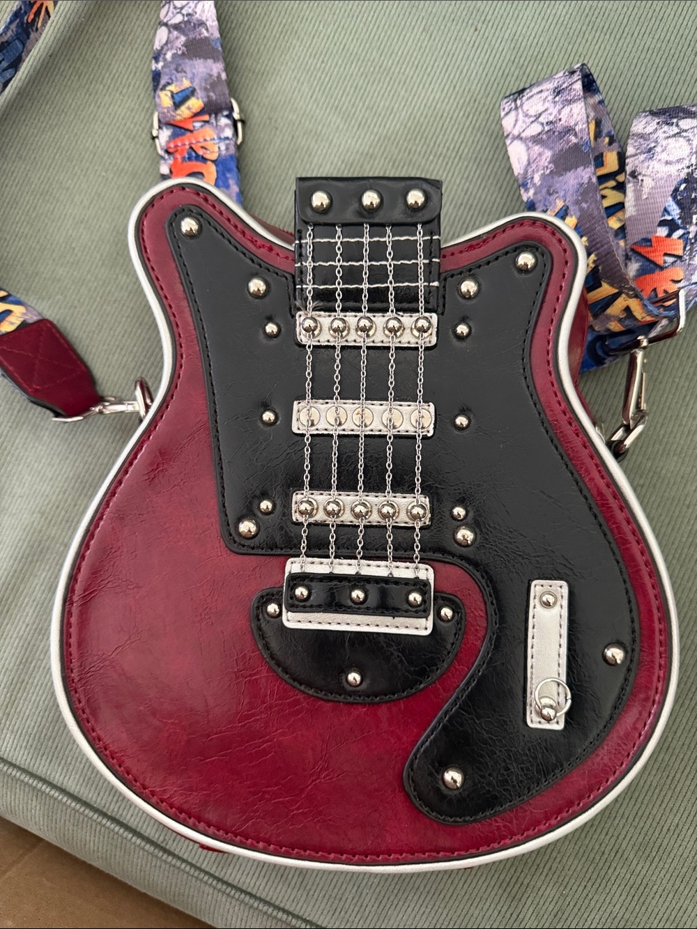 Guitar-Shaped Crossbody Bag in Burgundy & Black with Colorful Strap 9”x 9”x 3” - Picture 5 of 5